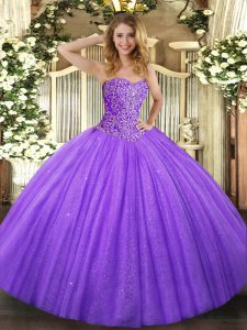 Lavender Tulle Lace Up Sweetheart Sleeveless Floor Length 15 Quinceanera Dress Beading