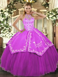 Excellent Fuchsia Sweet 16 Quinceanera Dress Military Ball and Sweet 16 and Quinceanera with Beading and Embroidery Halter Top Sleeveless Lace Up