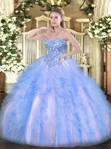 Sweetheart Sleeveless Lace Up Quince Ball Gowns Blue And White Organza