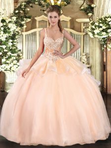 Peach Lace Up Sweet 16 Dresses Beading Sleeveless Floor Length