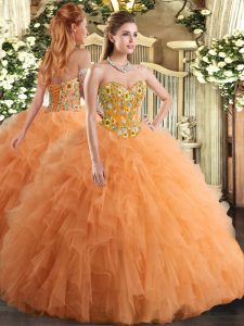 Wonderful Floor Length Orange Quince Ball Gowns Sweetheart Sleeveless Lace Up