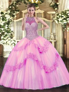 Cute Rose Pink Ball Gowns Beading and Appliques Ball Gown Prom Dress Lace Up Tulle Sleeveless Floor Length