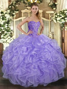 Suitable Sleeveless Floor Length Beading and Ruffles Lace Up Vestidos de Quinceanera with Lavender