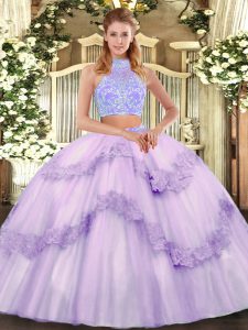 Floor Length Lavender Sweet 16 Dresses Tulle Sleeveless Beading and Appliques and Ruffles