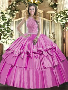 Suitable Lilac Lace Up Quinceanera Dresses Beading and Ruffled Layers Sleeveless Floor Length