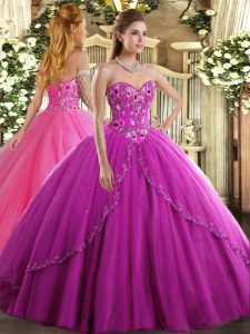 Gorgeous Fuchsia Ball Gowns Sweetheart Sleeveless Tulle Brush Train Lace Up Appliques and Embroidery Vestidos de Quinceanera