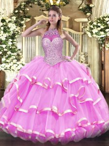 New Style Rose Pink Halter Top Neckline Beading and Ruffled Layers Sweet 16 Dresses Sleeveless Lace Up