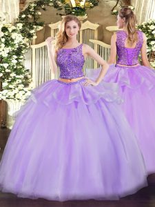 Deluxe Sleeveless Floor Length Beading Lace Up Sweet 16 Quinceanera Dress with Lavender