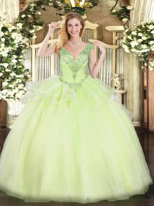 Super Yellow Green Tulle Lace Up Sweet 16 Dress Sleeveless Floor Length Beading