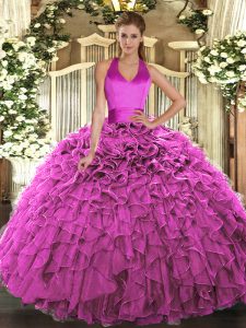 Floor Length Fuchsia Vestidos de Quinceanera Halter Top Sleeveless Lace Up