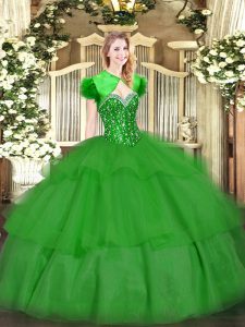 Green Sweet 16 Quinceanera Dress Military Ball and Sweet 16 and Quinceanera with Beading and Ruffled Layers Sweetheart Sleeveless Lace Up