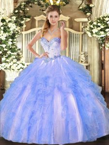 Blue And White Sweetheart Neckline Beading and Ruffles Quinceanera Gown Sleeveless Lace Up