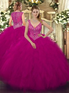 Sleeveless Floor Length Beading and Ruffles Zipper Sweet 16 Dresses with Fuchsia