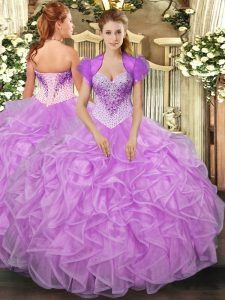 Edgy Floor Length Lilac Vestidos de Quinceanera Organza Sleeveless Beading and Ruffles