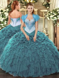 Clearance Organza Sweetheart Sleeveless Lace Up Beading and Ruffles Quinceanera Gown in Teal