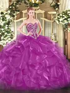 Unique Fuchsia Lace Up Ball Gown Prom Dress Beading and Ruffles Sleeveless Floor Length