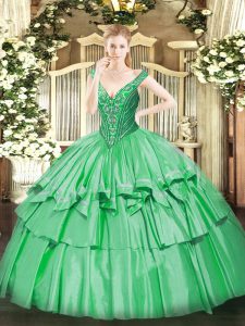 Green Lace Up V-neck Beading and Ruffled Layers Vestidos de Quinceanera Organza and Taffeta Sleeveless