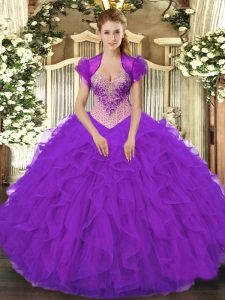 Best Purple V-neck Lace Up Beading and Ruffles Quince Ball Gowns Sleeveless