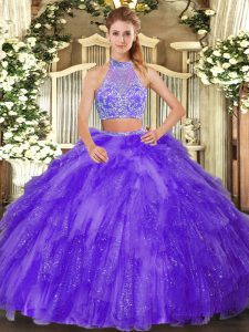 Floor Length Purple Sweet 16 Dress Tulle Sleeveless Beading and Ruffles