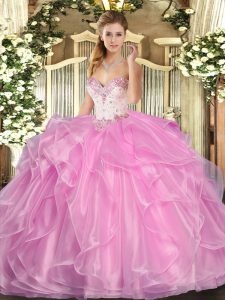 Rose Pink Quince Ball Gowns Military Ball and Sweet 16 and Quinceanera with Beading and Ruffles Sweetheart Sleeveless Lace Up