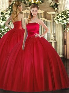 Graceful Red Ball Gowns Ruching Sweet 16 Dress Lace Up Tulle Sleeveless Floor Length