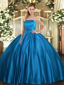 Hot Sale Ball Gowns 15th Birthday Dress Blue Strapless Satin Sleeveless Floor Length Lace Up