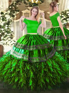 Green Short Sleeves Embroidery and Ruffles Floor Length Quinceanera Gowns