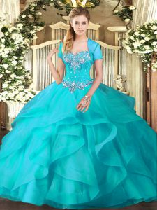 Sweetheart Sleeveless Lace Up Vestidos de Quinceanera Aqua Blue Tulle