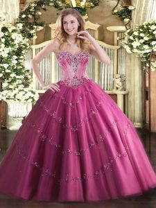 Fuchsia Ball Gowns Beading Quinceanera Gowns Lace Up Tulle Sleeveless Floor Length