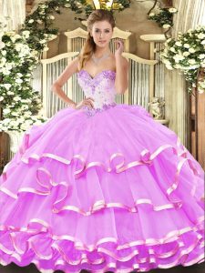 Glamorous Lilac Organza Lace Up 15th Birthday Dress Sleeveless Floor Length Beading and Ruffled Layers