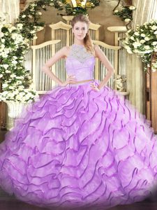 Zipper 15 Quinceanera Dress Lilac for Military Ball and Sweet 16 and Quinceanera with Lace and Ruffles Brush Train