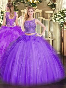 Artistic Floor Length Two Pieces Sleeveless Lavender Sweet 16 Dress Lace Up