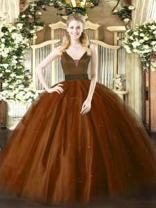 Brown Sleeveless Floor Length Beading Zipper Sweet 16 Dress