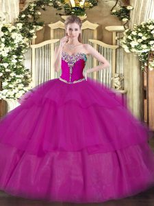 Traditional Fuchsia Sleeveless Floor Length Beading and Ruffled Layers Lace Up Vestidos de Quinceanera