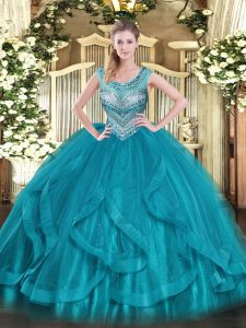 Teal Sleeveless Tulle Lace Up 15th Birthday Dress for Sweet 16 and Quinceanera