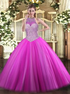 Sleeveless Floor Length Beading Lace Up Quinceanera Dress with Fuchsia