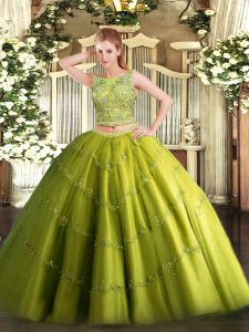 Olive Green Lace Up Scoop Beading and Appliques Quinceanera Gowns Tulle Sleeveless