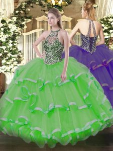 Most Popular Halter Top Sleeveless Quinceanera Gown Floor Length Beading and Ruffles Organza