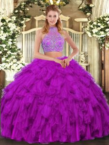 Fashionable Fuchsia Two Pieces Organza Halter Top Sleeveless Beading and Ruffled Layers Floor Length Criss Cross Sweet 16 Dresses