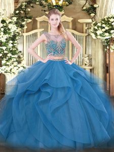 Chic Scoop Sleeveless Tulle Quince Ball Gowns Beading and Ruffles Lace Up