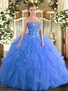 Most Popular Blue Sleeveless Tulle Lace Up Ball Gown Prom Dress for Military Ball and Sweet 16 and Quinceanera