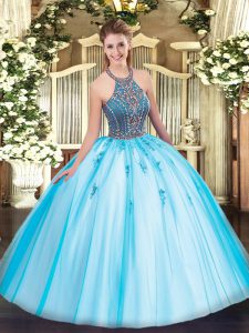 Aqua Blue Halter Top Neckline Beading and Appliques 15th Birthday Dress Sleeveless Lace Up