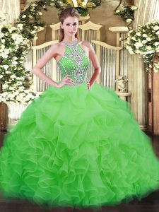 Latest Tulle Lace Up Quinceanera Gown Sleeveless Floor Length Beading and Ruffles