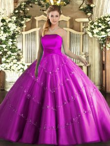 Appliques Ball Gown Prom Dress Fuchsia Lace Up Sleeveless Floor Length