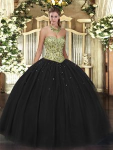 Charming Ball Gowns Sweet 16 Dress Black Sweetheart Tulle Sleeveless Floor Length Lace Up