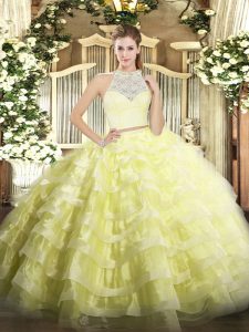 Top Selling Yellow Two Pieces Tulle Scoop Sleeveless Lace and Ruffled Layers Floor Length Zipper 15 Quinceanera Dress