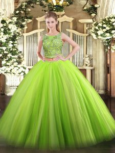 Sophisticated Green Tulle Lace Up 15th Birthday Dress Sleeveless Floor Length Beading