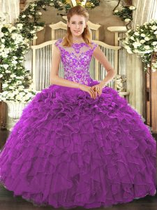 Hot Selling Eggplant Purple Cap Sleeves Floor Length Beading and Appliques and Ruffles Lace Up Quinceanera Dresses