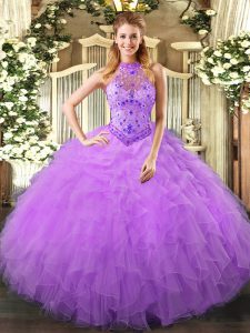 Custom Fit Lavender Sleeveless Floor Length Beading and Ruffles Lace Up Ball Gown Prom Dress