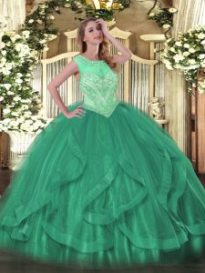 Wonderful Turquoise Scoop Lace Up Beading and Ruffles Quinceanera Dresses Sleeveless